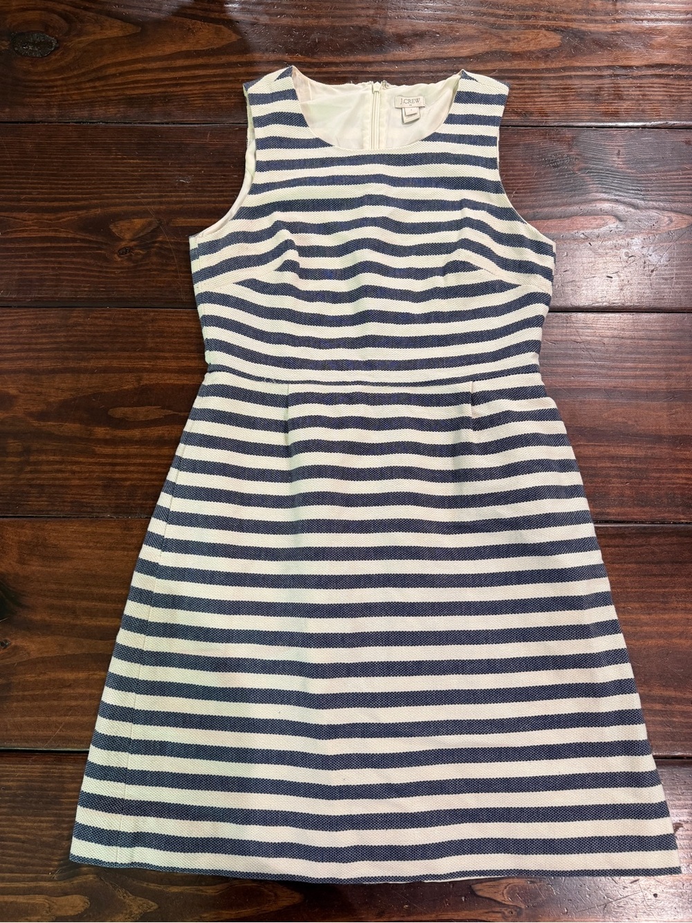J Crew Women’s Navy and White Striped Sleeveless Dress with pockets.